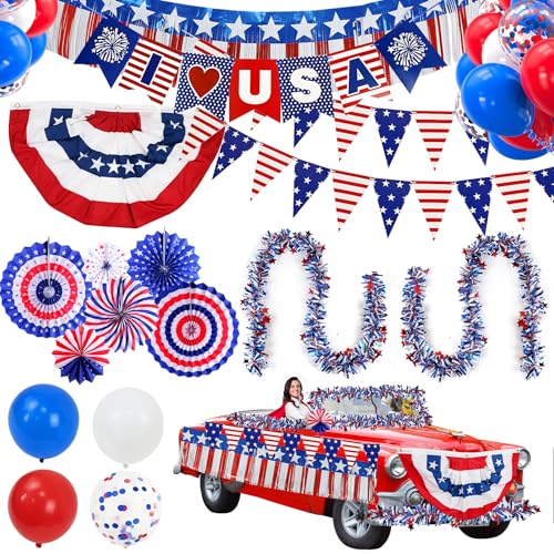 Image of 53PCS 4th of July Car Parade Decorations LOVE USA Banner Bunting Wreath Red White Blue Paper Fans Balloons Decoration Star Streamer Independence Day Party Supplies