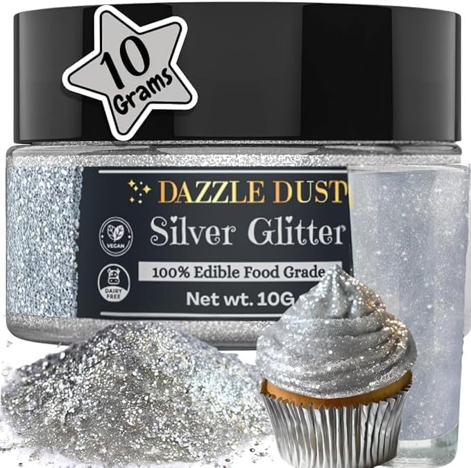 Dazzle Dust Edible Glitter Sprinkles for Cake Decorating, Drinks, Cookie, Icing, Dessert Decorations, Sparkly Luster, Food-Grade, Vegan, Gluten Free, Kosher, Bulk 10g, Silver