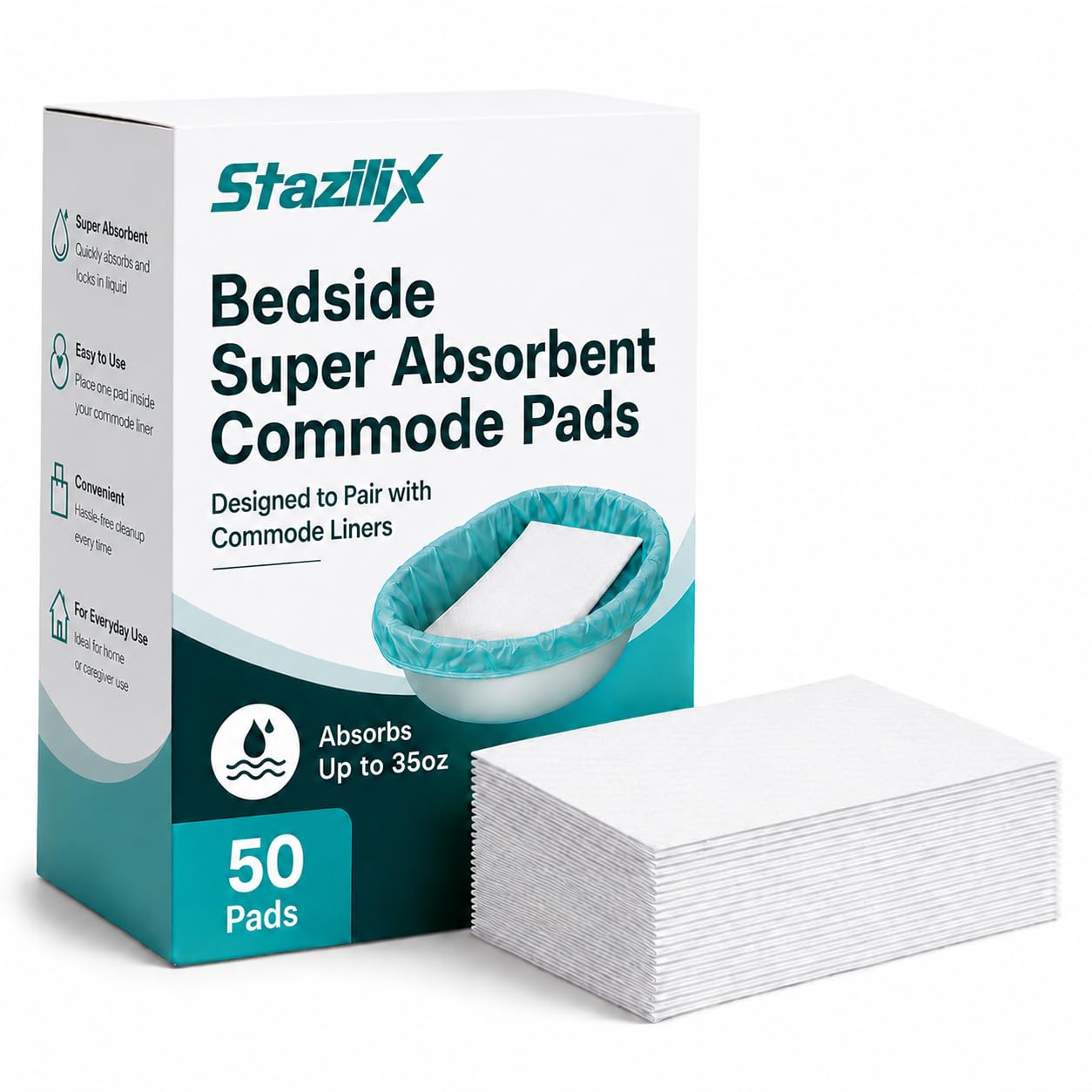 Bedside Commode Absorbent Pads – 50 Super Absorbent Commode Pads with Absorbent Gel Core - Fits Standard Commode Liners and Potty Chairs
