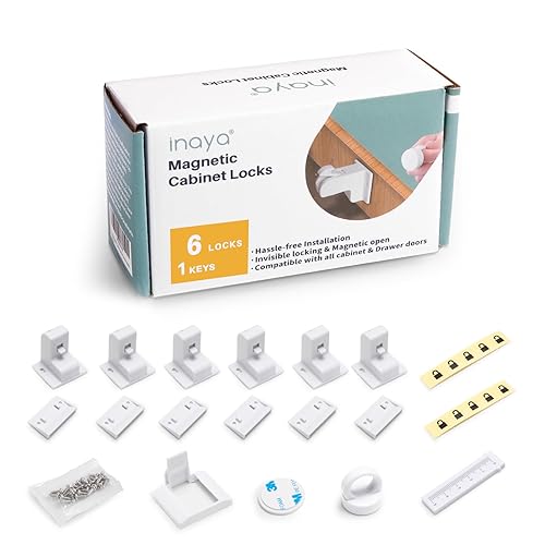 Inaya Cerraduras magnéticas para gabinete a prueba de bebés, 6 cerraduras y 1 llave, cerraduras magnéticas a prueba de niños para armarios y cajones