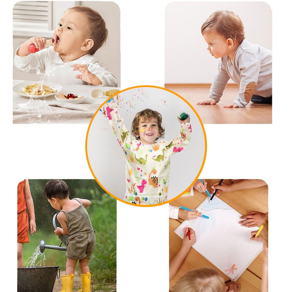 Furforstk Apron for Kids 3 Pcs Kids Aprons for Painting Waterproof Painting Apron with 3 Pockets with Long Sleeves Childrens Aprons for Ancient 2-8 Years (Dinosaur) - Image 4