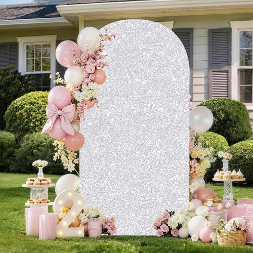 Image of 6.6FT Silver Sequin Arch Backdrop Covers Round Top Chiara Spring Wedding Arch Cover Sparkly Fabric for Birthday Party Baby Shower Ceremony Events Decor