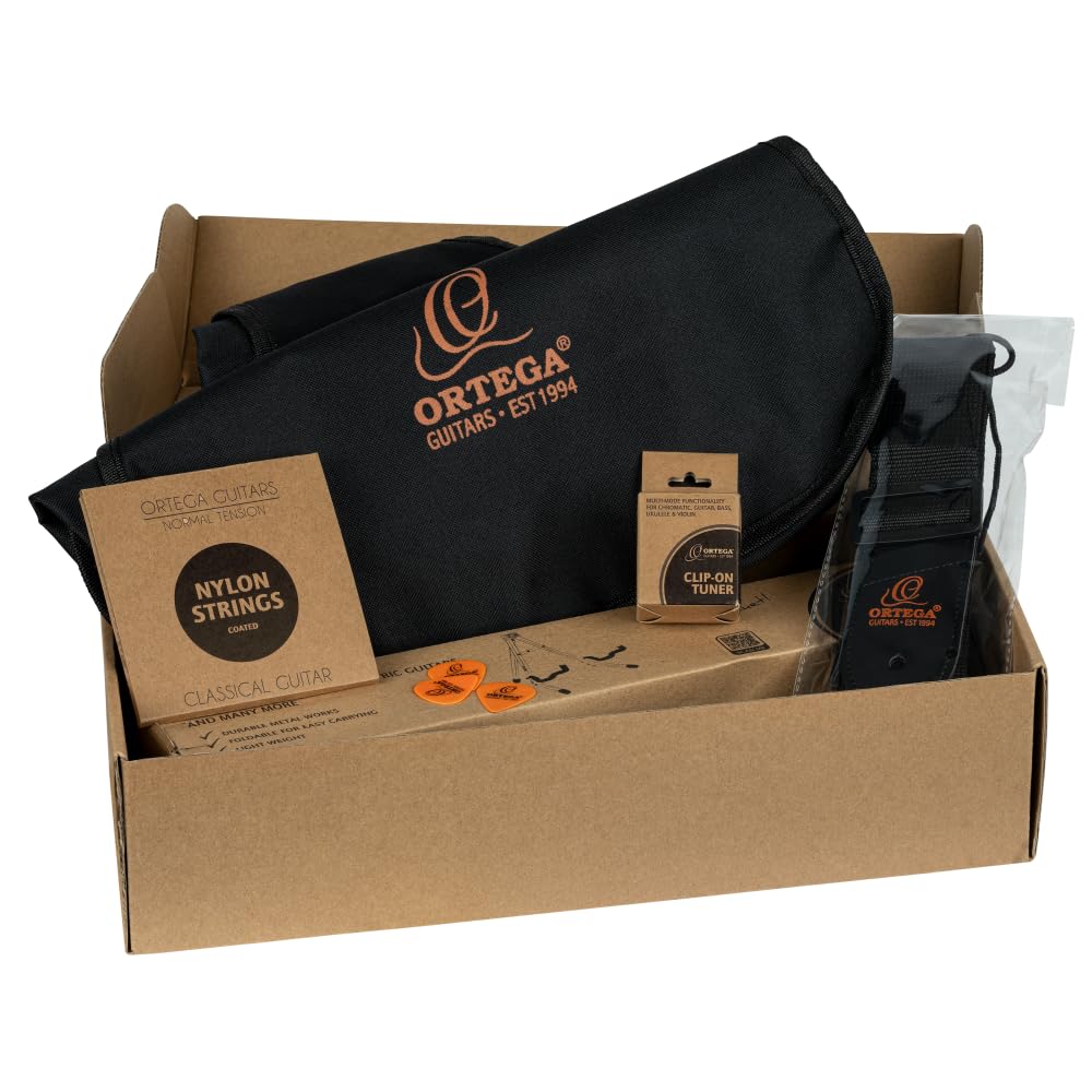 Ortega Guitars Konzertgitarre Einsteiger Set – Picker’s Pack – Inkl. Gigbag, Stimmgerät, Plektren, Gurt, Saiten, Ständer – Fichte, Katalpa, Natur (RPPC34)