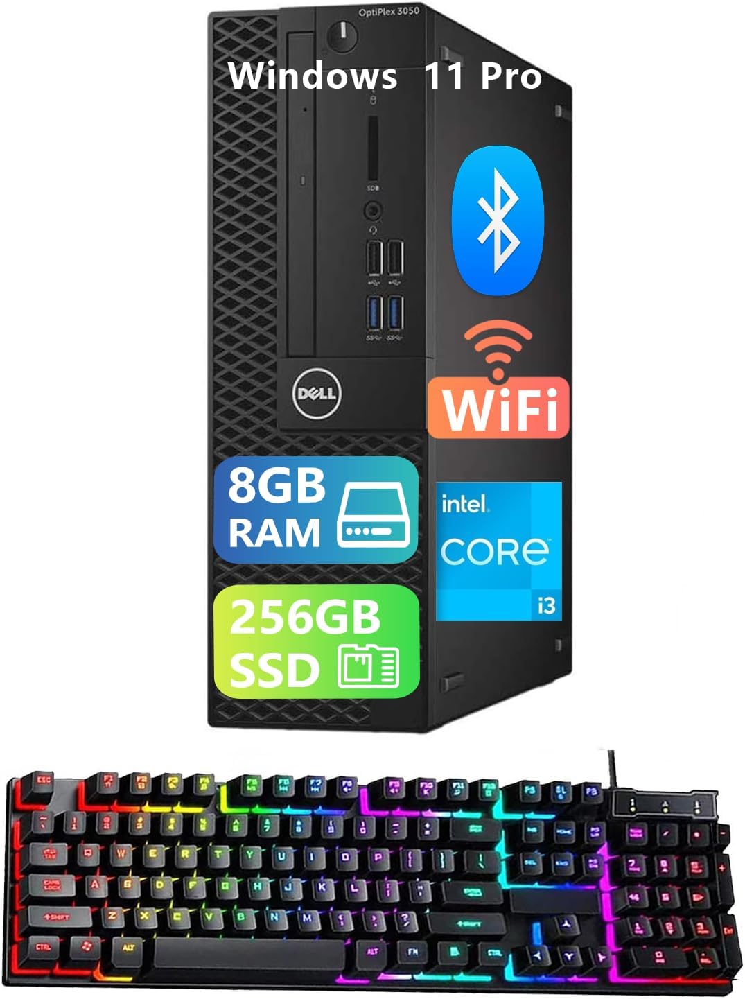 Dell OptiPlex 3050 SFF Desktop Computer PC, Core i3-6100, 8GB RAM, 256GB SSD, USB WiFi, USB Bluetooth, Mouse and Keyboard, Windows 11 Pro (Renewed)