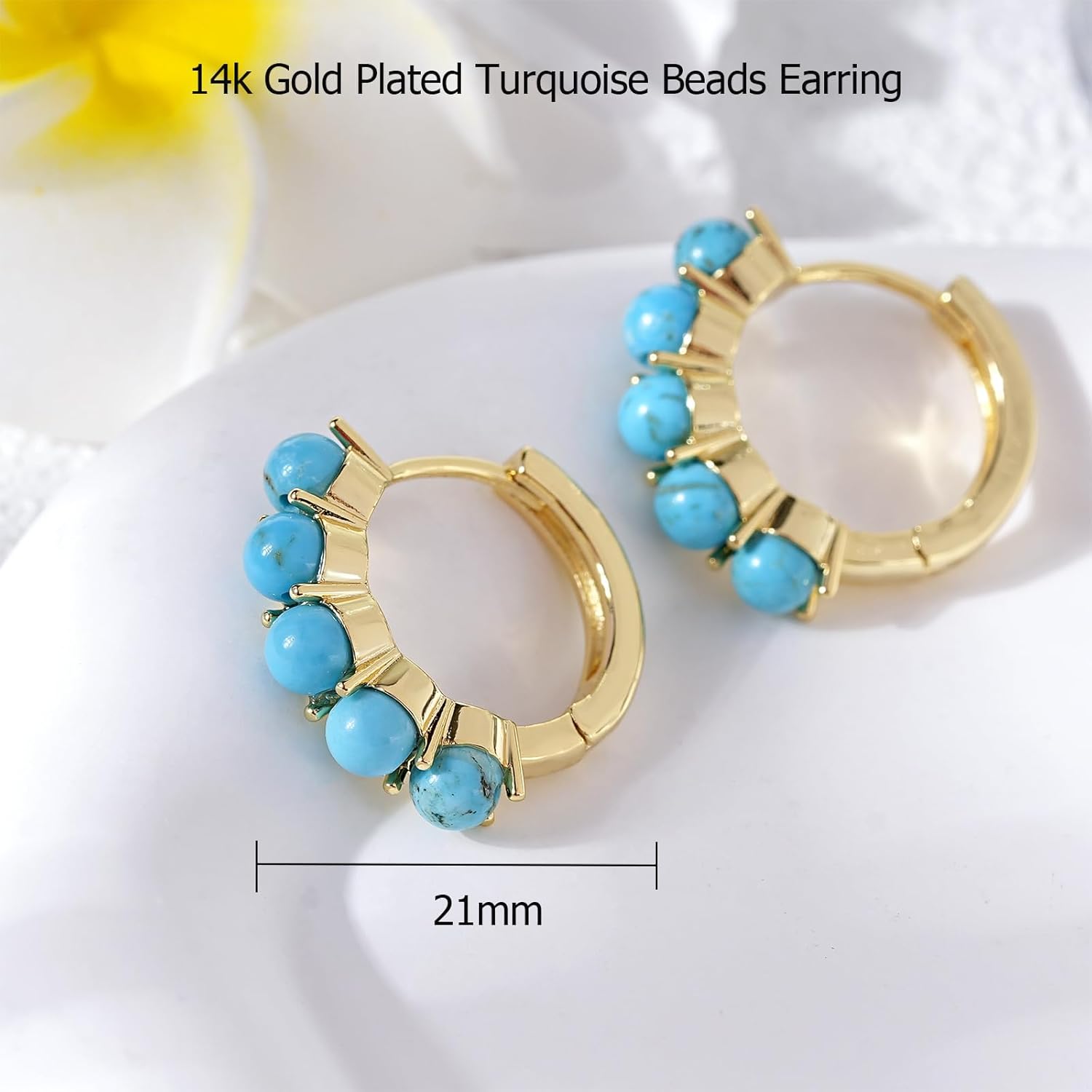 Natural Gemstone Hoop Earrings for Women 14k Gold Plated Round Pearl Huggie Earring Aquamarine Turquoise Jewelry Gift for Wife Mother Daughter Girlfriend