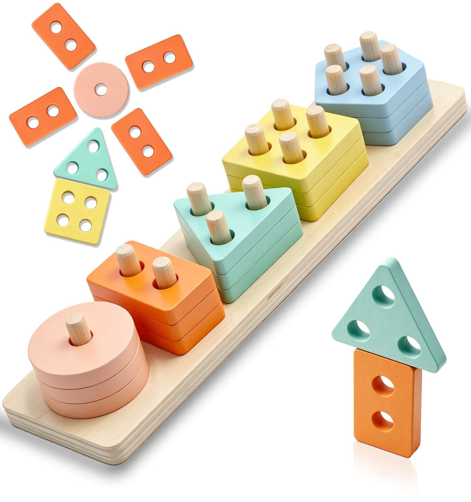 AiTuiTui Montessori Stacking Toy for Toddlers 1 2 3 Year Old Boy Girl, Wooden Shape Sorter & Color Matching Learning Toy, Preschool Educational Sensory Puzzle Blocks, Birthday Gift for Kids 18 Months+