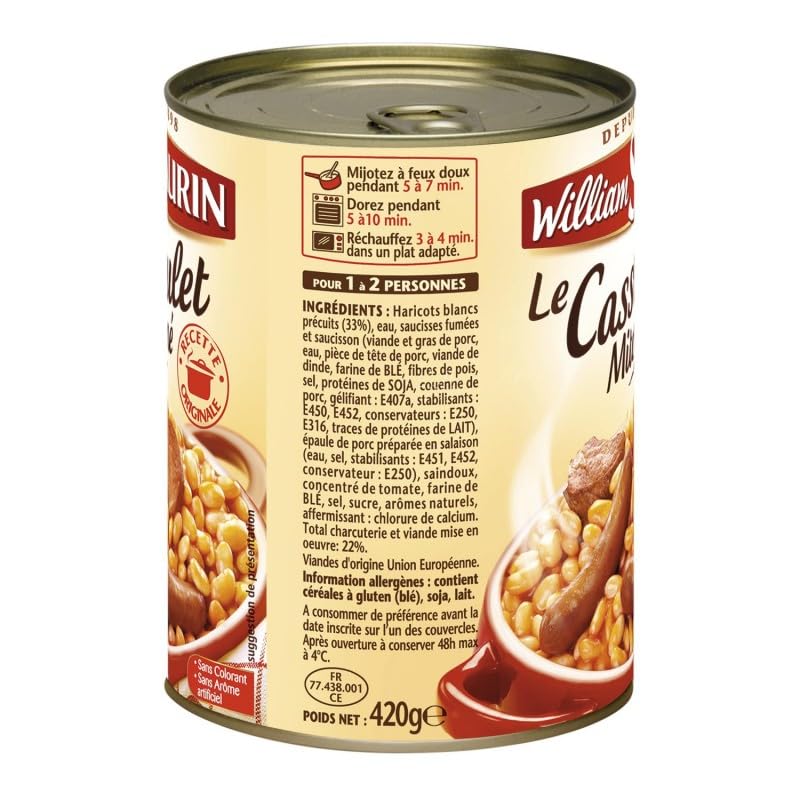 Délicieux Cassoulet Maison William Saurin - 420g - Plat Mitonné Savoureux Secret de la Cuisine Traditionnelle Française - Prêt à Déguster - Le Lot De 4