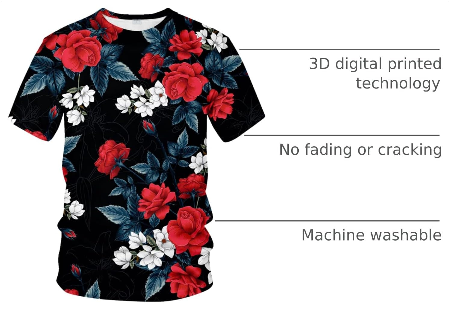 Lurhonp 3D Rose Casual T-Shirt Floral Flower Pattern Novelty Tshirts for Mens Womens image 3