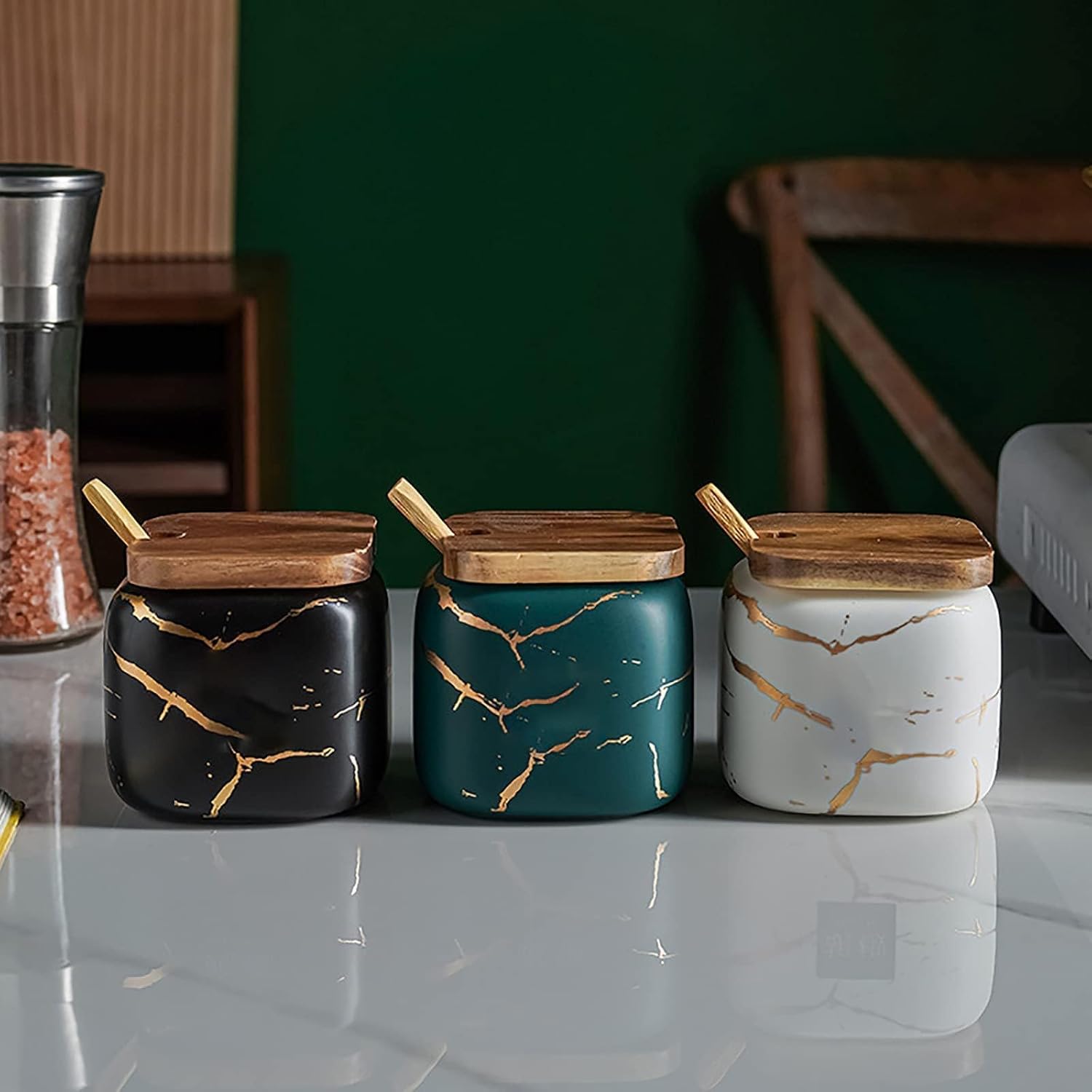 3 Pcs Sugar Bowls Ceramic Coffee Jar Set Ceramic Seasoning Jar with Lid Spoon and Tray/Food Storage Canister (Color Mixing)