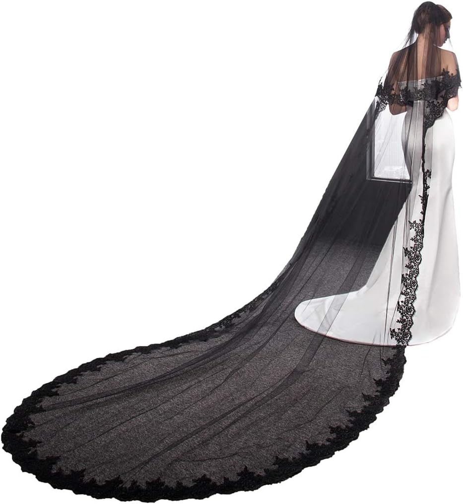 EllieHouse 2 Tier Lace Black Wedding Bridal Veil With Comb L30
