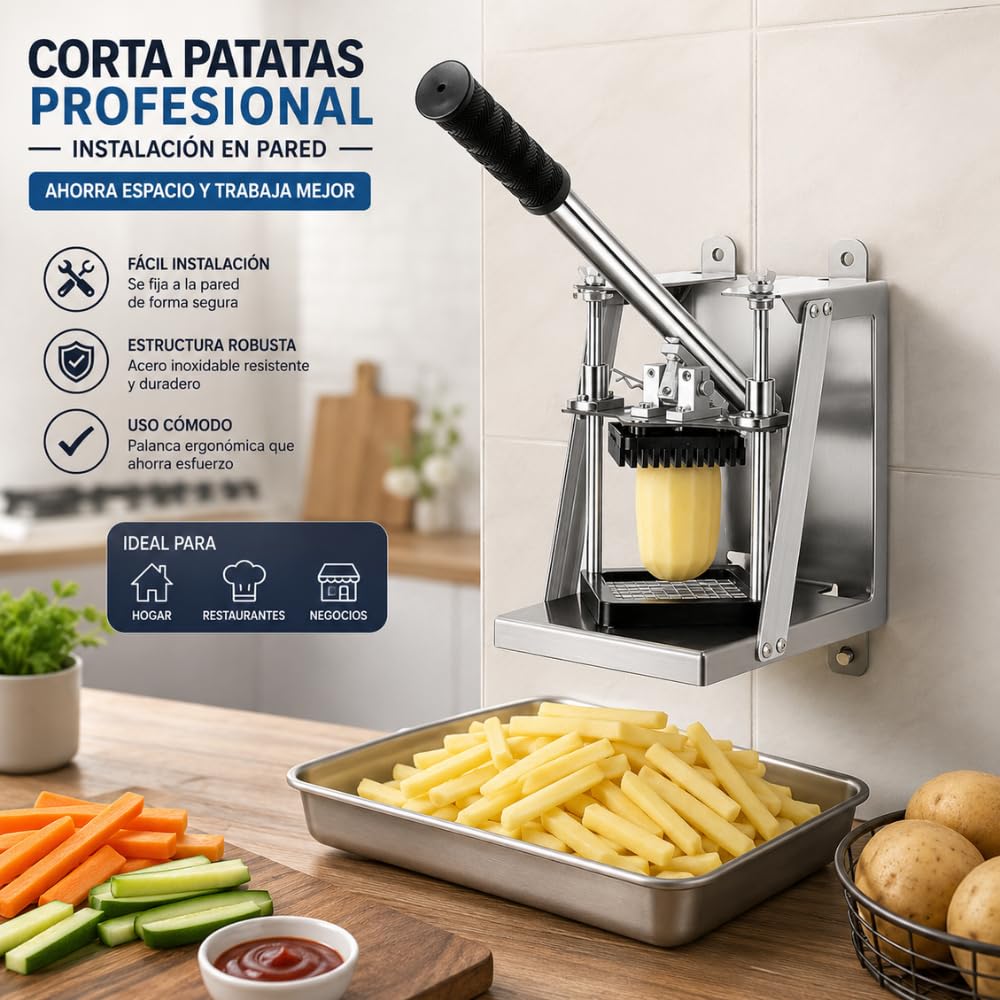 Cortador de Papas Fritas de Acero Inoxidable con 3 Cuchillas Intercambiables (10mm, 12mm, 14mm), Multifuncional