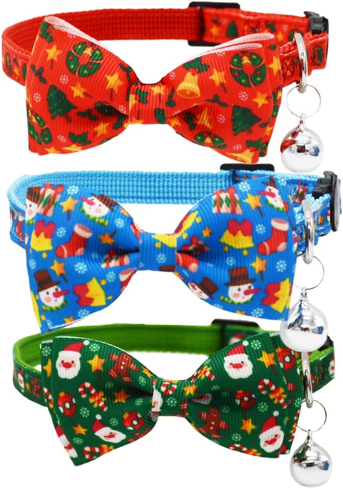 Covoroza 3 Pack Breakaway Christmas Cat Collar with Bowtie and Bell X-mas Quick Release Kitten Collars Santa Claus Red Green Blue