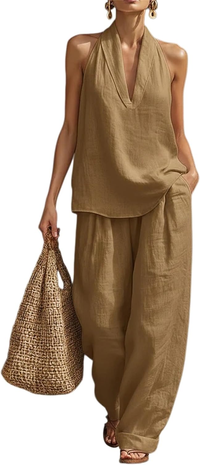 Women's Casual and Cozy Linen Two-Piece Set Sleeveless V Neck Top Wide Leg Pants Loose Fit Outfits for Travel