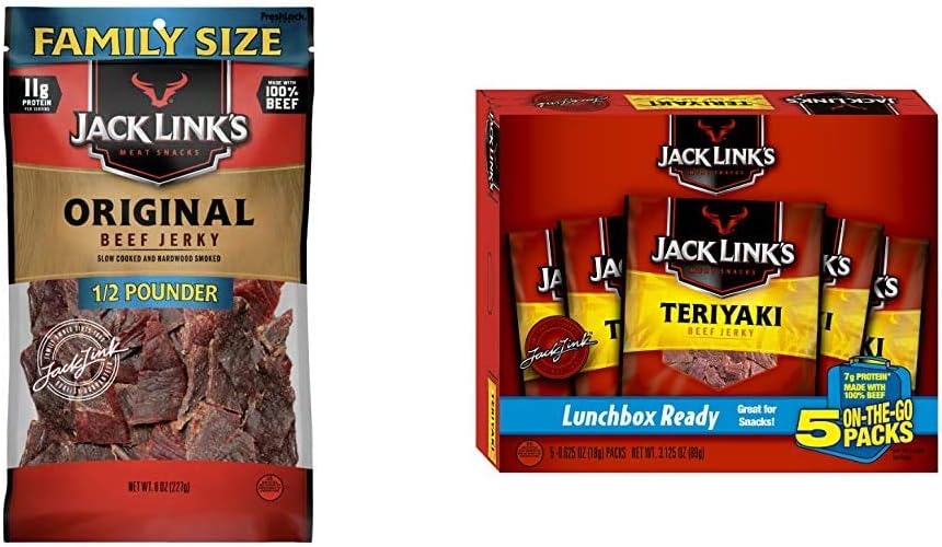Jack Link’s Beef Jerky, Original, ½ Pounder Bag – Flavorful Meat Snack, 11g of Protein, 80 Calories Jack Link’s Beef Jerky 5 Count Multipack, Teriyaki, 5, 0.625 oz. Bags Jack Link’s Beef Jerky, Original, ½ Pounder Bag – Flavorful Meat Snack, 11g of Protein, 80 Calories Jack Link’s Beef Jerky 5 Count Multipack, Teriyaki, 5, 0.625 oz. Bags