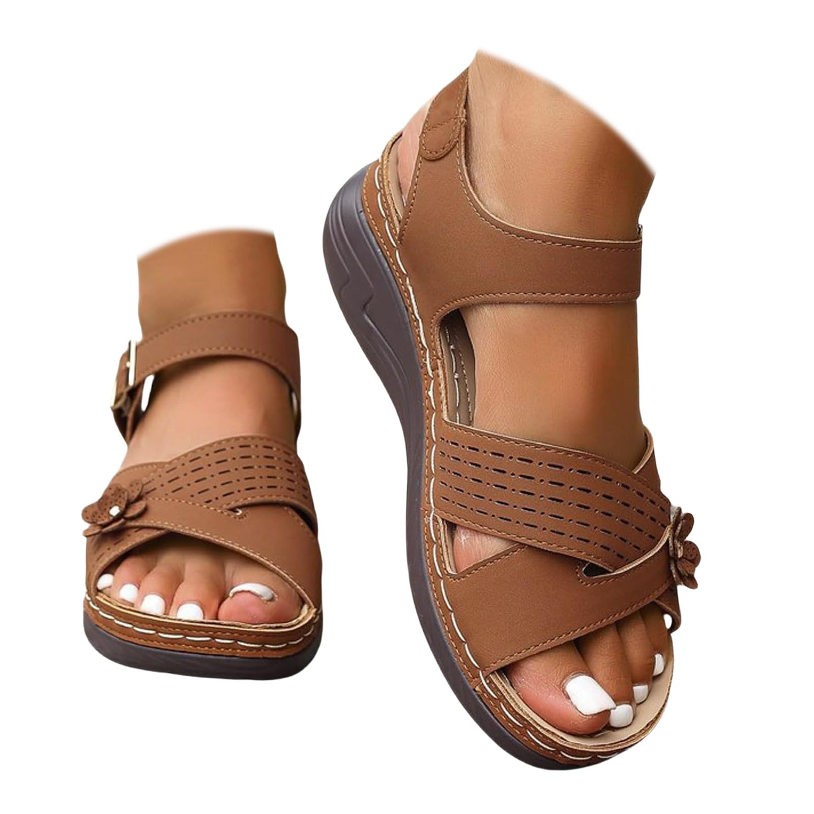 Orthopedic Wide Sandals for Women 2025,Strappy Arch Support Flat Wedge Sandals Walking Sandals Women Open Toe & Ankle Strap Comfortable Platform