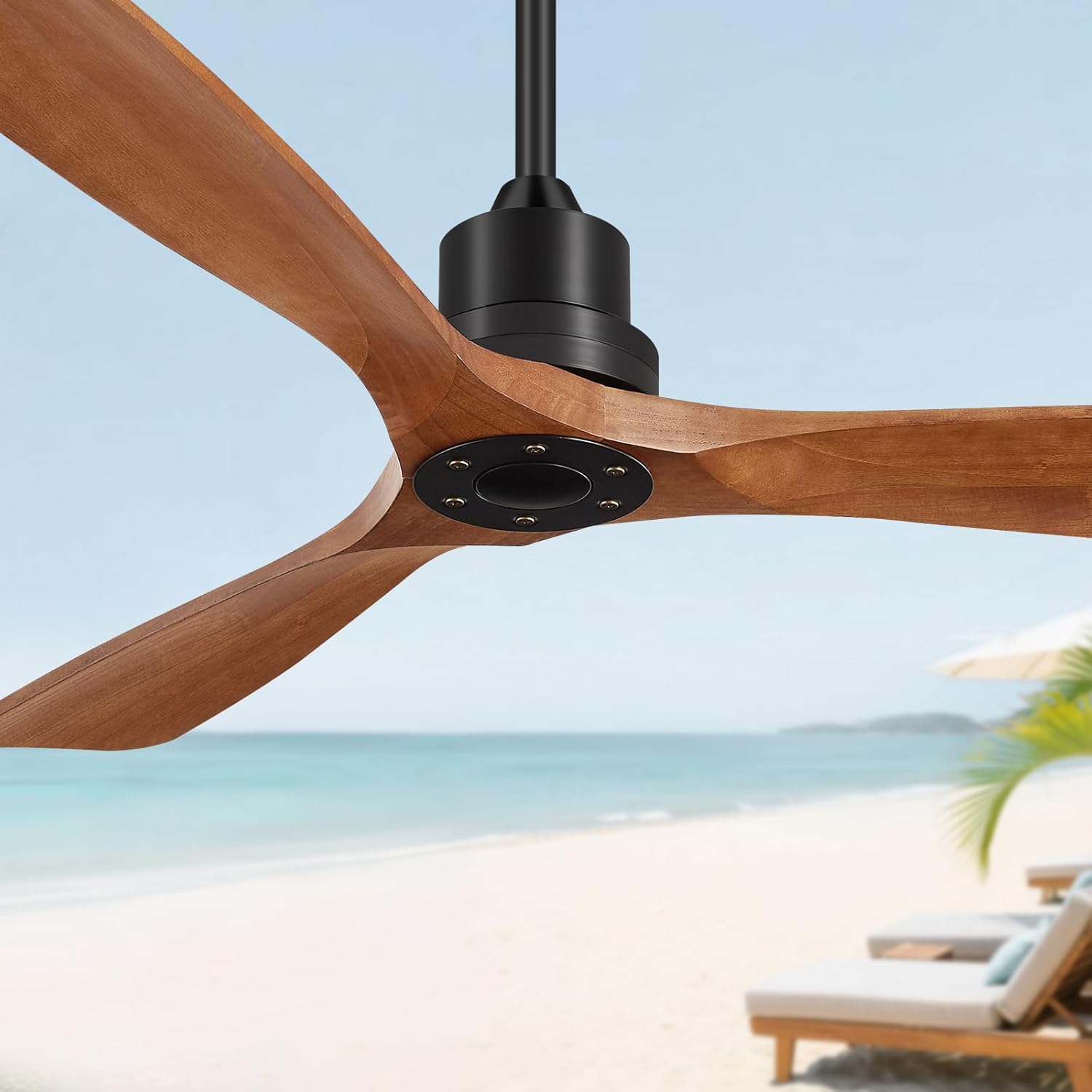 52 Inch Ceiling Fans Without Lights, Outdoor Ceiling Fan No Light with Remote, 3 Downrods, 3 Wood Blades, Timer, 6 Speeds Modern Ceiling Fan Noiseless Reversible DC Motor for Patios Porch Bedroom Black and Brown Wood No Light 52 Inch
