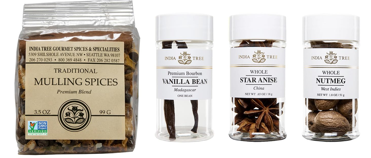 India Tree Winter Holiday Spice Gift Pack - Mulling Spices, Bourbon Vanilla Bean, Star Anise, and Nutmeg - 6.5 Ounces Total