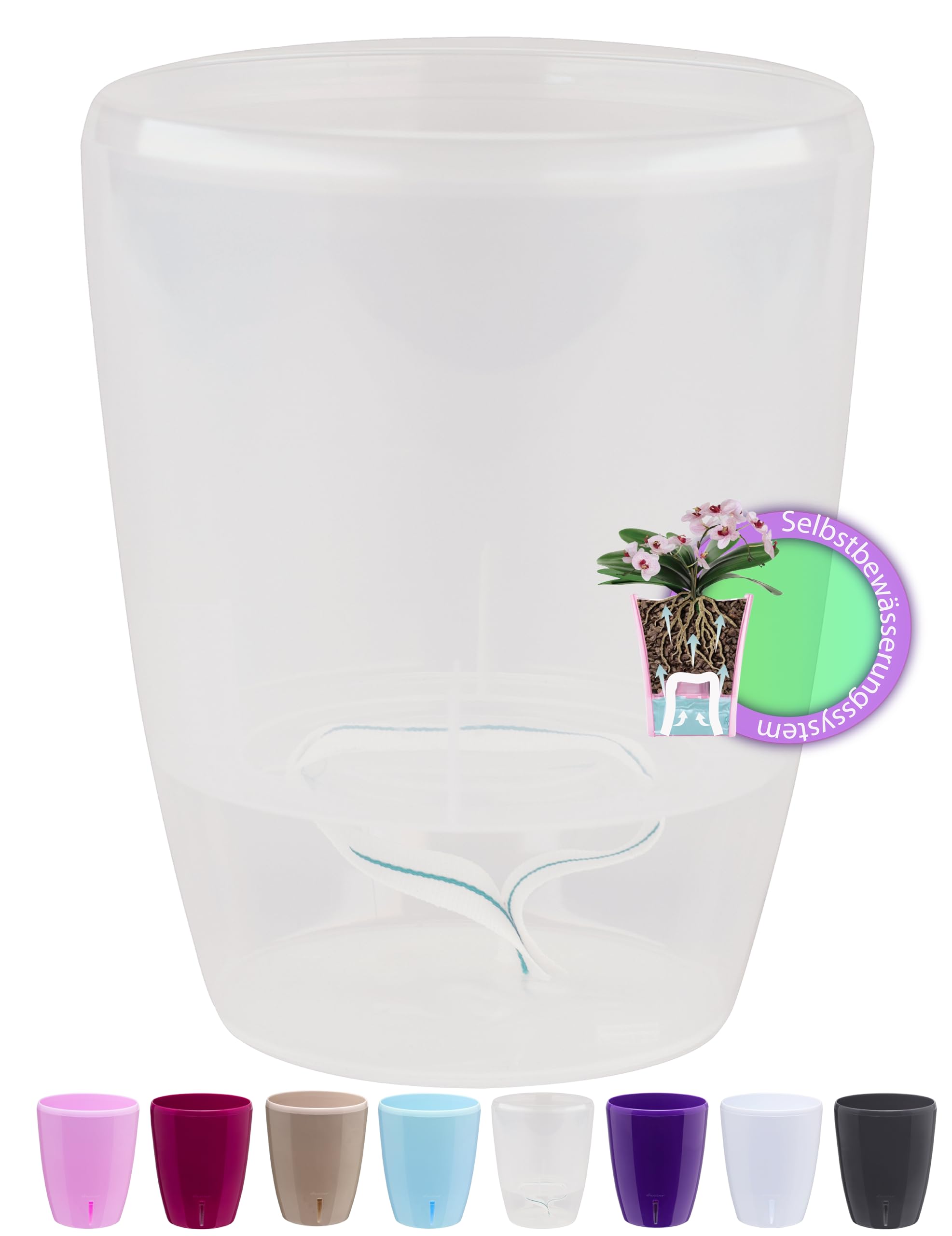 Santino Maceta para Orquídeas Ø 12cm Maceta Autorriego con Sistema de Mecha e Indicador de Nivel de Agua para Interior (Ø 12cm - 1,3L - Transparente)