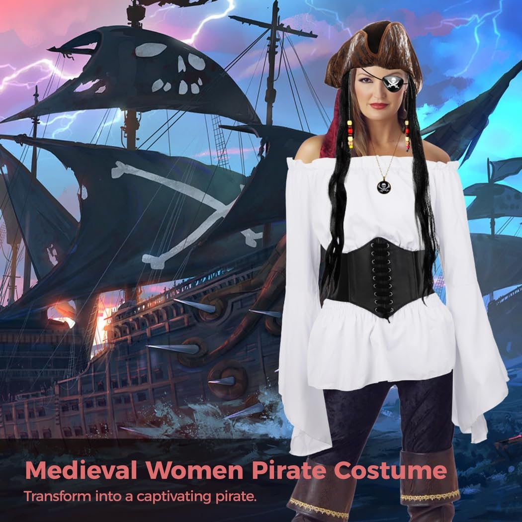 5-częściowy damski kostium piracki z bluzką z odkrytymi ramionami, gorset w talii, kapelusz piracki, opaska na oczy i naszyjnik do cosplay i zabawy na Halloween, biały, Rozmiar uniwersalny
