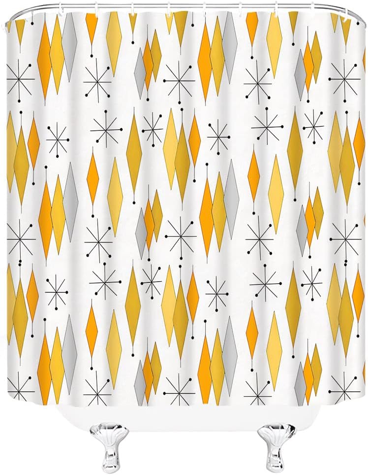 GCTNBJL Mid Century Modern Shower Curtain Geometric Orange Gray Diamond 1950s Retro Starbursts 90s Vintage Minimalist Abstract Bathroom Curtain with Hooks,Yellow Orange Black