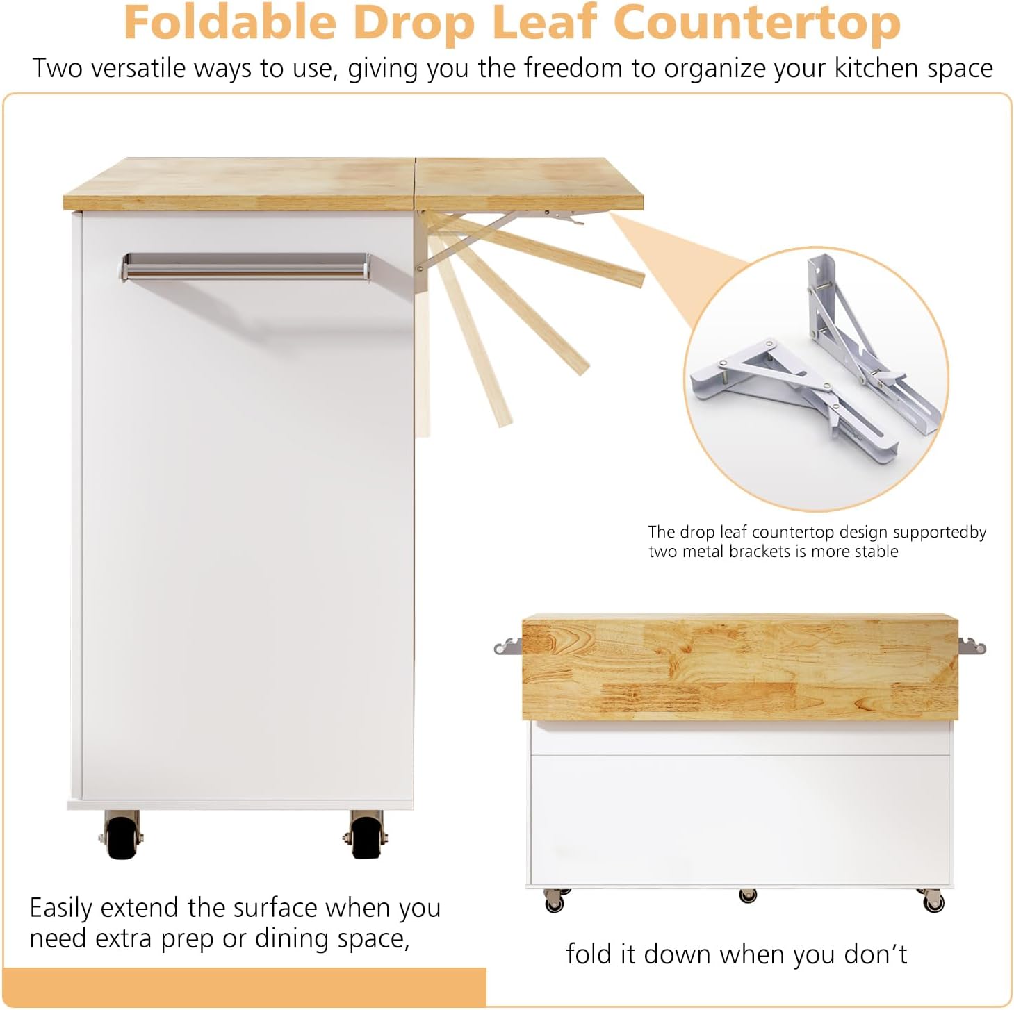 51" Kitchen Island with Folding Drop Leaf, Rolling Island Table with Storage,Cabinet on Wheels with Seating Area for Kitchen, Bar Cart with Cabinet,White