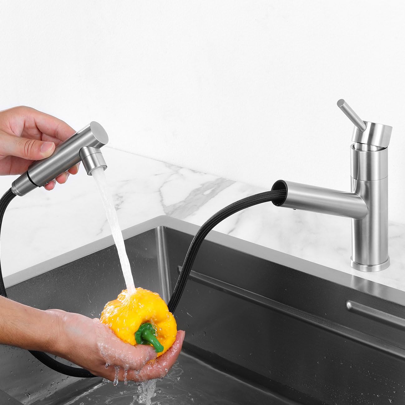 Grifo de Cocina Extraible con Ducha de 2 Modo, Grifería de Fregadero | Giratorio a 150​°, Mezclador Monomando Acero Inoxidable 304, Aireador Extraíble, Agua Fría y Caliente, Cepillado