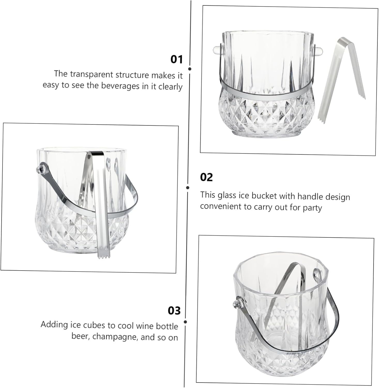 GLEAVI Handheld Glass Ice Bucket with Handle and Tongs Food-Grade Ice Storage Container for Wine Beer and Cocktails for Home Bars and Parties