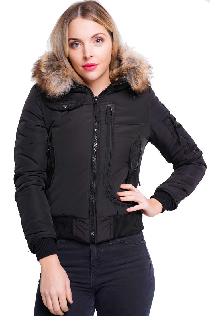 Ss7 Women's Black Puffer Jacket Faux Fur Hooded Coat