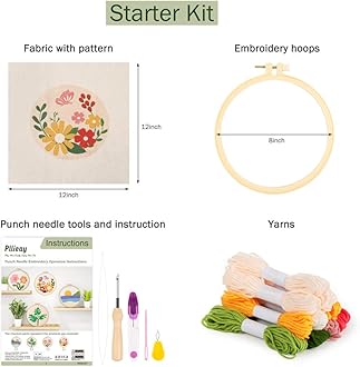 Pllieay Punch Needle Embroidery Starter Kits for Kids and Adults Beginners, Include Instructions, Punch Needle Fabric with Floral Pattern, Yarns, Embroidery Hoops and Threader Tools