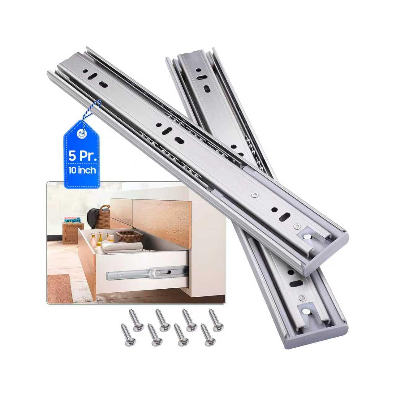 VAGUDE Drawer Runners Slides Full Extension 250 300 350 400 450 500 550 600 mm Side Mount Ball Bearing Dresser Cabinet Replacement Guide Rails 45kg (Stainless Soft Close-5 Pairs, 10 Inch(250mm)) — image 1