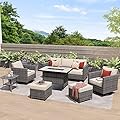 HOOOWOOO Patio Outdoor Conversation Set with Fire Pit Table,7 Pieces Outside Furniture Sofa Set with PE Wicker Swivel Rocking Chairs,Gas Fire Pit Table,Side Table and Ottomans,Beige