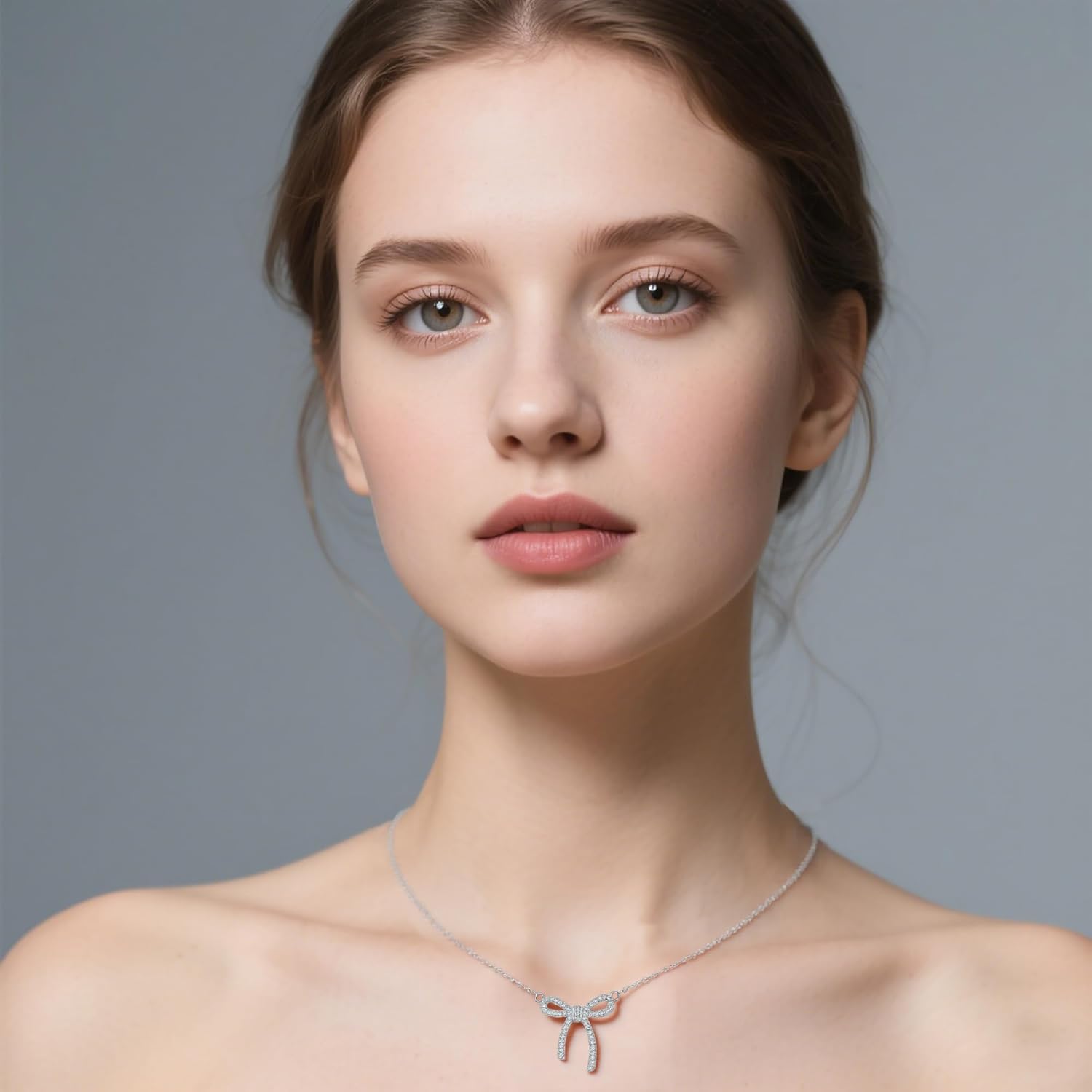 Reffeer Solid 925 Sterling Silver CZ Bow Necklace Choker for Women Teen Girls Crystal Bow Pendant Necklace Bowknot Choker Necklace