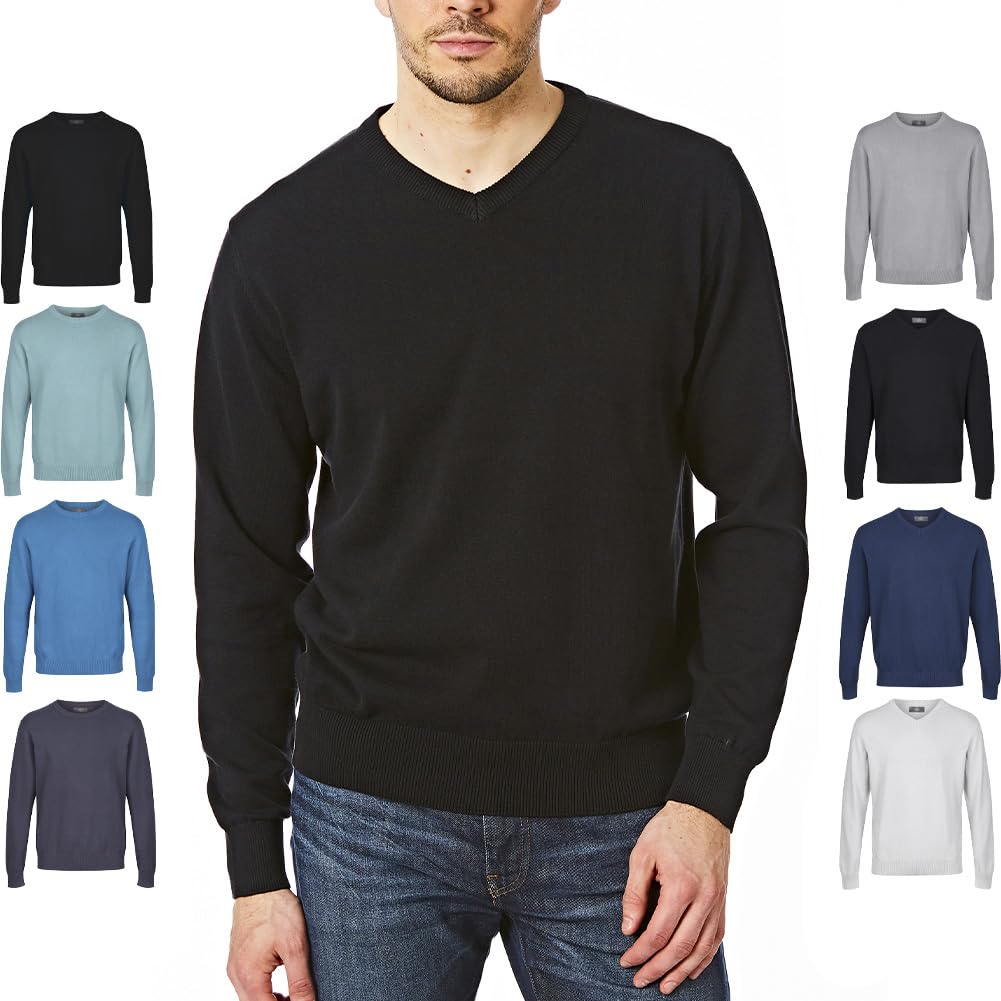 Men’s 100% Cotton Knitted Jumper, Soft Crew Neck or V-Neck Pullover Sweater, Lightweight Classic Everyday Casual Knitwear