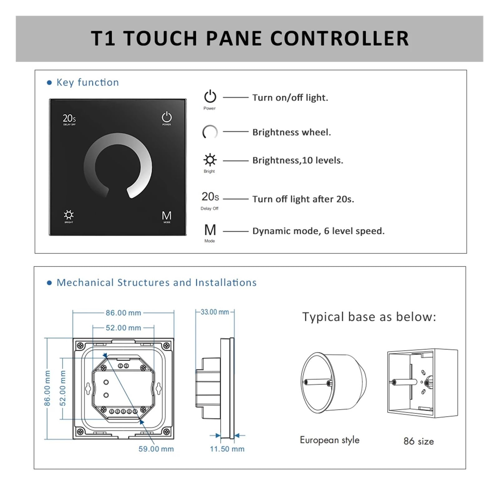 1PCS T1 LED Dimmer 12V 24V UE Pannello in vetro a parete Monocromatico LED Strip Touch Dimming 2.4G RF 4 Zone 8 Zone Remote RT1 RT6 RT8 (Color : RT8 8Zone Remote)