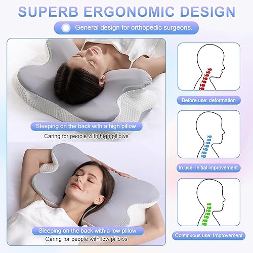 Vista 4 de Almohada cervical de espuma viscoelástica para aliviar el dolor de cuello, almohada ortopédica ergonómica de mariposa para dormir de lado, espalda