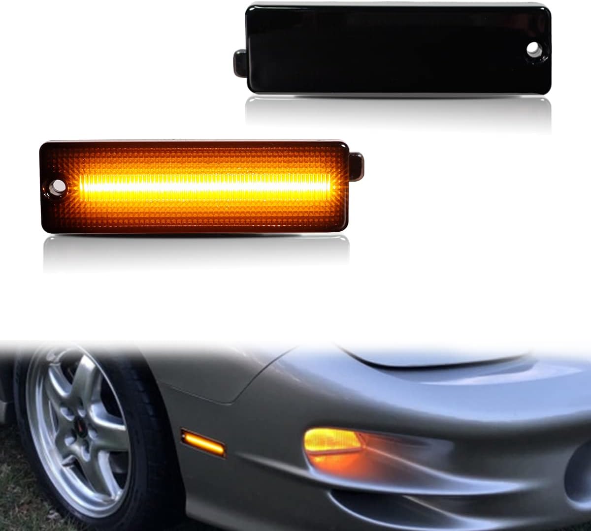 ADIIL Dark Smoked Lens Amber LED Front Side Marker Signal Lights Bumper Reflector Lamps Set Compatible With 1998 1999 2000 2001 2002 Pontiac Firebird Trans Am