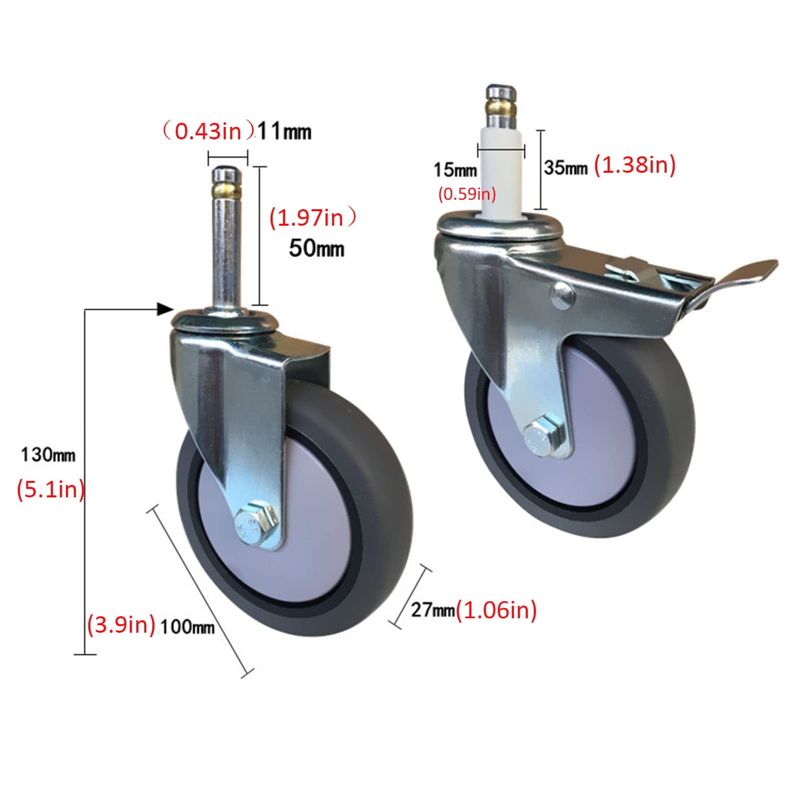 Kółka do dużych obciążeń, Zestaw 4 kółek do samochodów restauracyjnych, calowy trzpień obrotowy M11 Tłok 11x mm, Udźwig 280 kg(Brake+universal,11x35mm)
