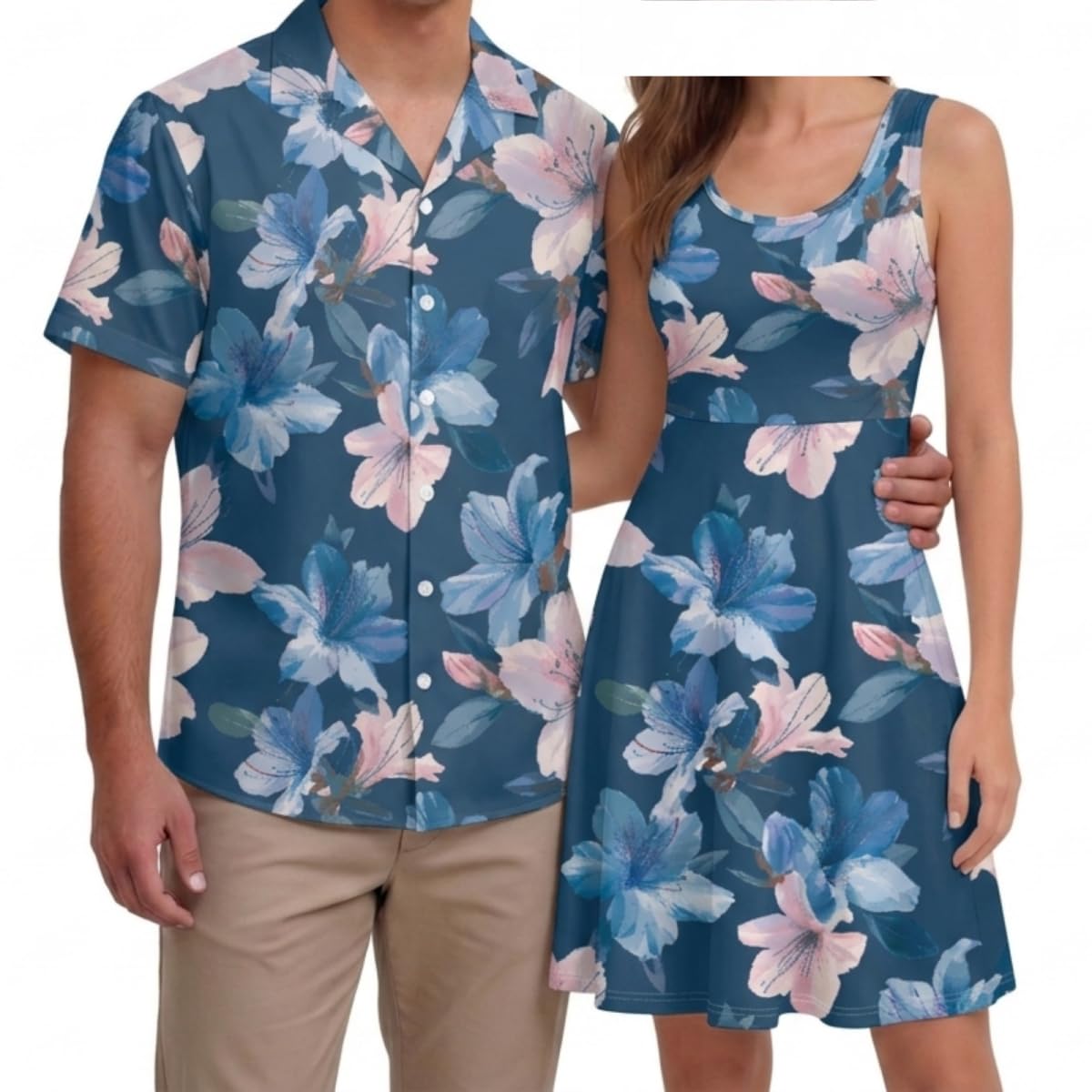 Hawaii Matching Couple Outfits Husband and Wife Clothing Fashionable Mens Casual Shirts Hawaii Dress with Soft Fabric