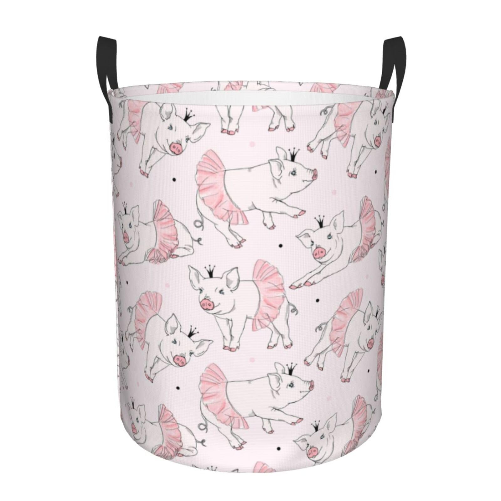 Kuilepa Cute Piggy Ballerina Print Laundry Basket Circular Laundry Hamper With Handles Waterproof Dirty Clothes Storage Basket For Bedroom Bathroom Dorm Living Room-Medium