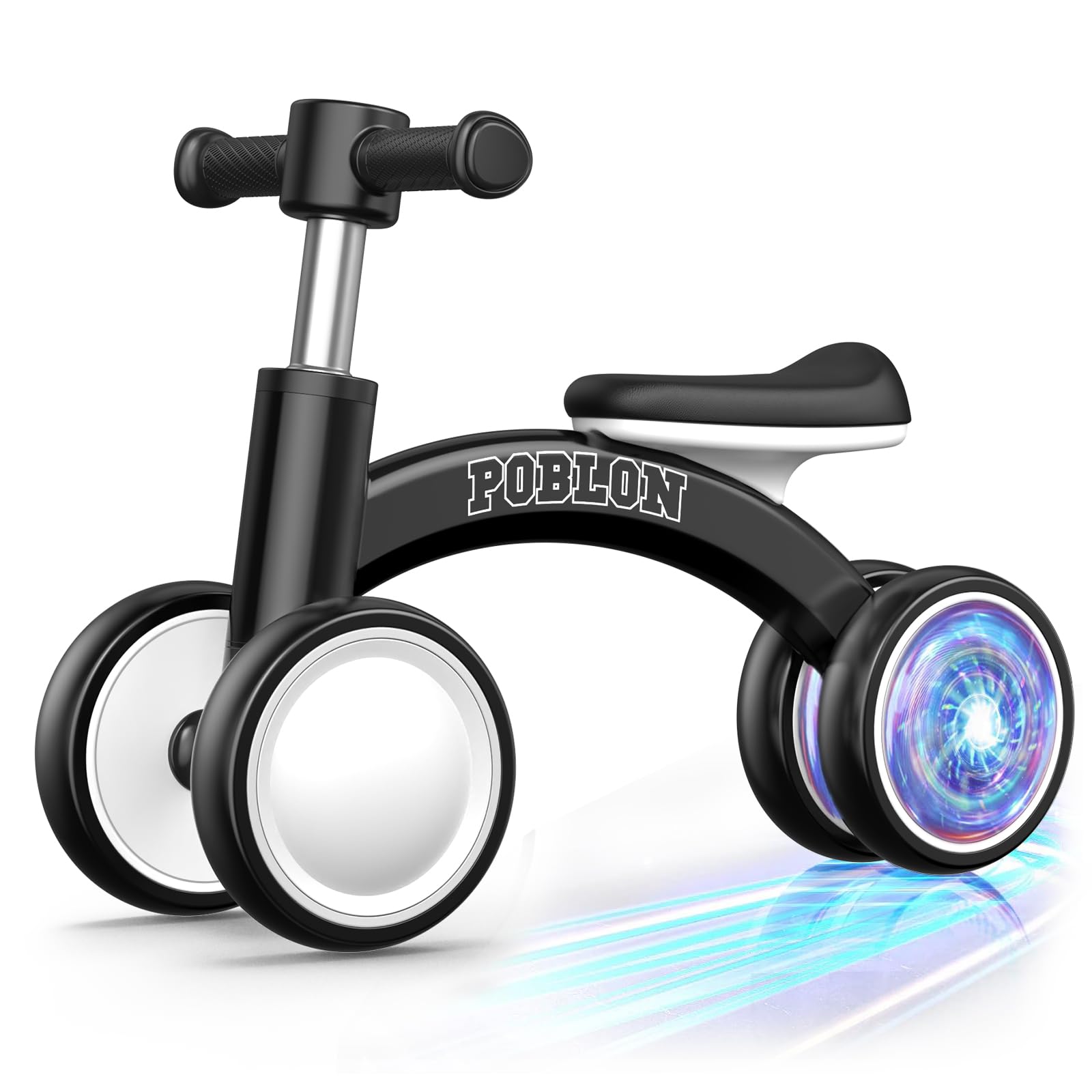 Colorful Lighting Baby Balance Bike for 1 Year Old Girl Boy, 12-24 Month Toddler Balance Bike with 4 Wheels & Soft Seat, First Birthday Gift (Black)