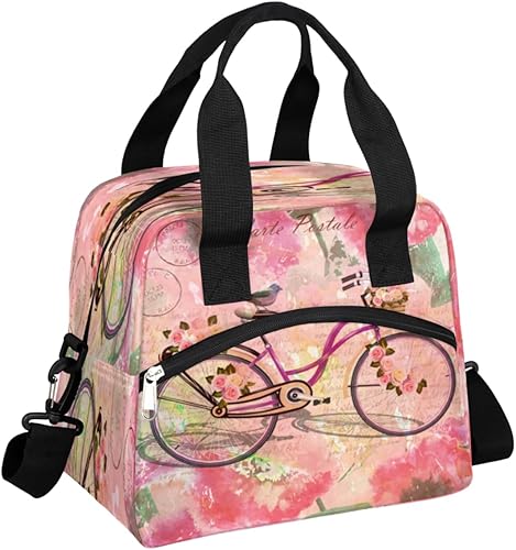 Póster de bicicleta vintage aislado para mujer, bolsa de almuerzo rosa para hombres, lindo y suave, contenedor enfriador de almuerzo reutilizable