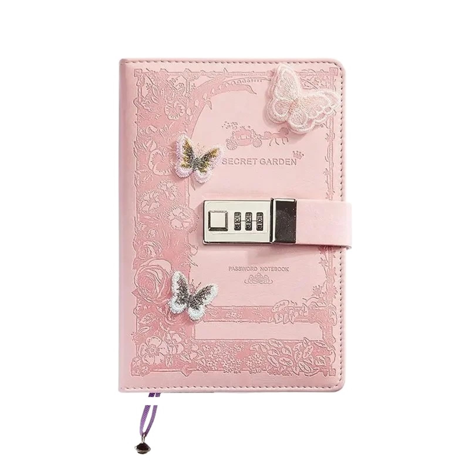 Abschließbares Tagebuch A5 Retro Passwort Notebook mit Schloss Zeitschriften Verdicken Hand Ledger Handbuch Student Notizblock Tagebuch Bindemittel Schreibwaren(Pink)