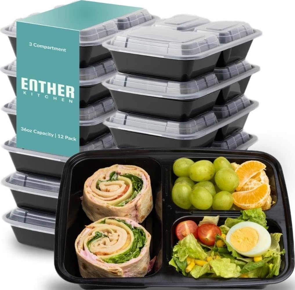 Enther Meal Prep Containers [12 Pack] 3 Compartment with Lids, Food Storage Bento Box | BPA Free | Stackable | Reusable Lunch Boxes, Microwave/Dishwasher/Freezer Safe,Portion Control (36 oz)