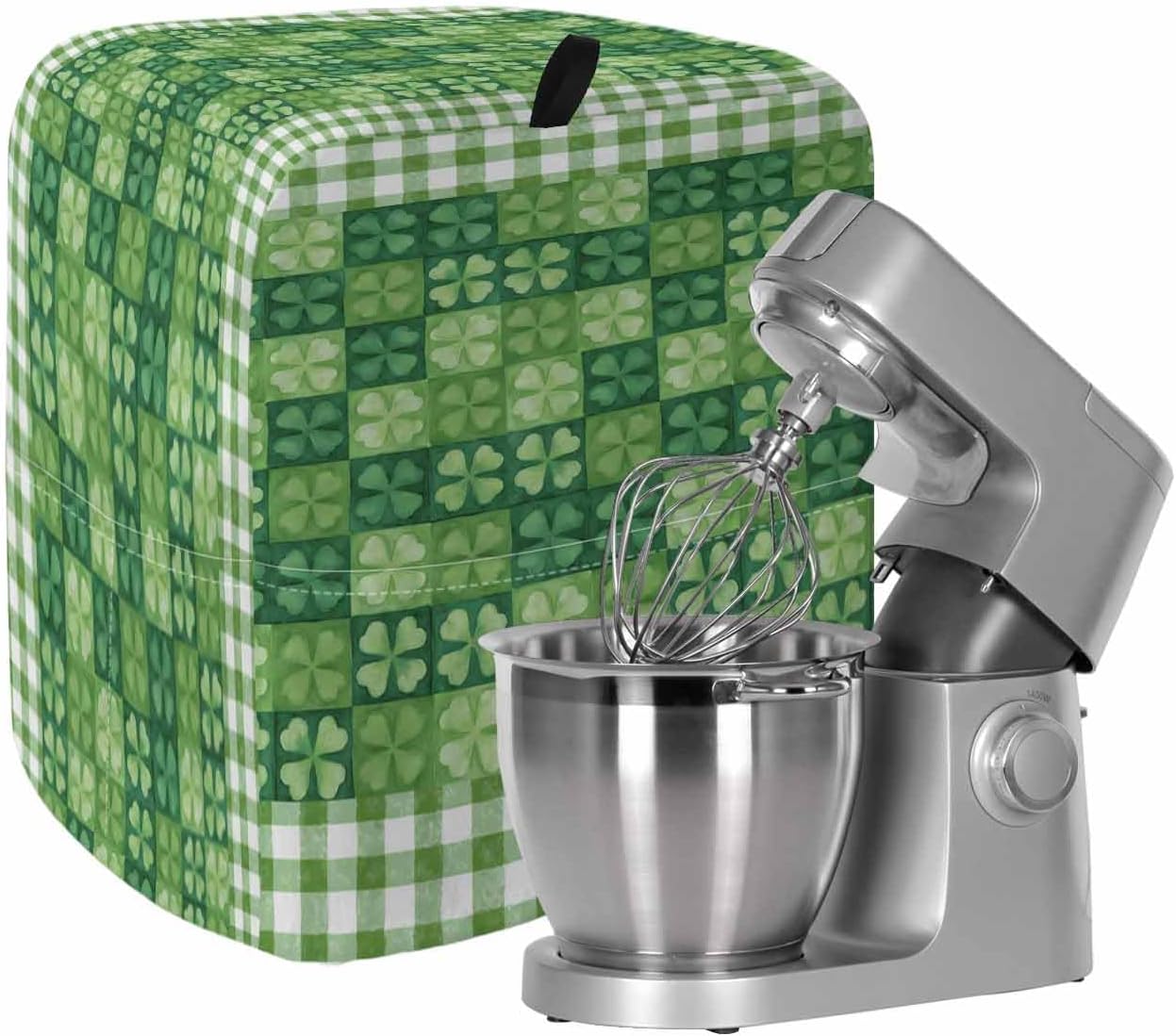 St Patrick's Day Stand Mixer Cover with Storage Pocket, Waterproof Kitchen Mixer Covers, Lucky Leaf Shamrock Spring Green Plaid Kitchen Appliance Dust Cover Compatible with 5-8 Quart Mixers