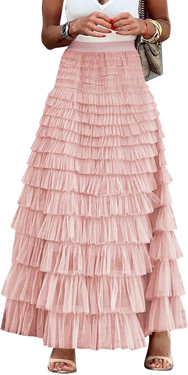 Flygo Women's Long Maxi Tulle Skirts A Line Ruffle High Waisted Tiered Layered Mesh Tutu Skirt Petticoat