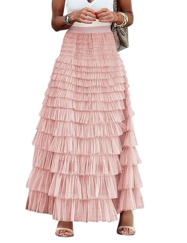 Flygo Women's Long Maxi Tulle Skirts A Line Ruffle High