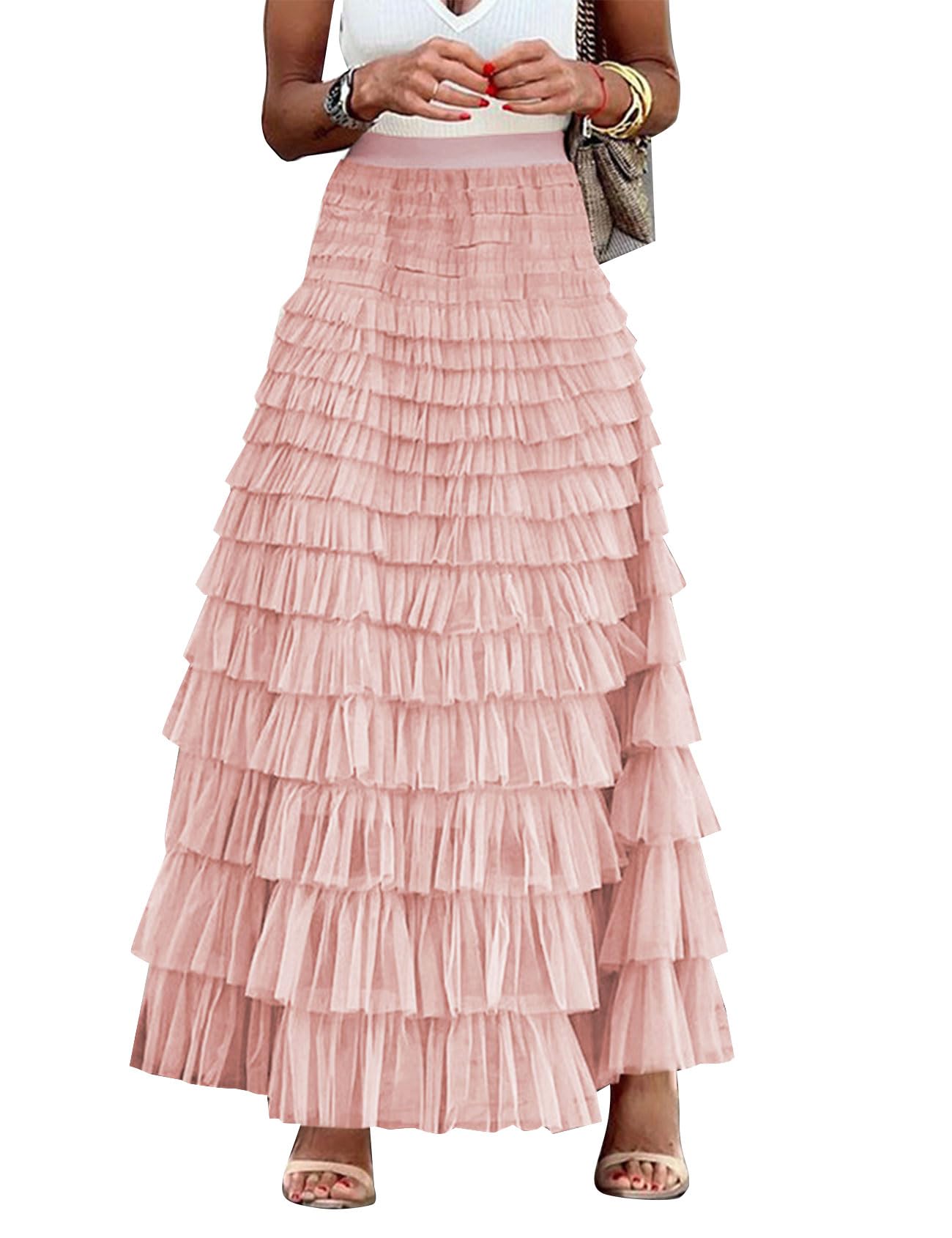 Flygo Women's Long Maxi Tulle Skirts A Line Ruffle High Waisted Tiered Layered Mesh Tutu Skirt Petticoat