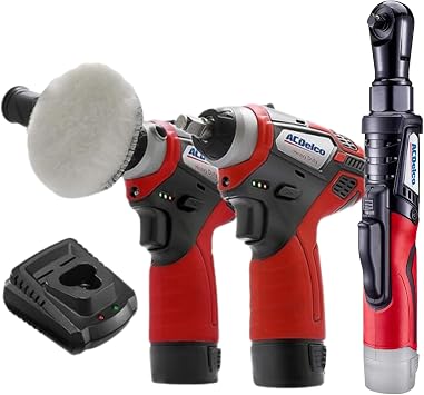 ACDelco G12 12V Cordless Combo Kit Mini Polisher, 3/8" Impact Wrench 90 ft-lbs, Ratchet Wrench 55 ft-lbs with 2 Li-Ion Batteries & Fast Charger, Auto Repair & DIY Tools