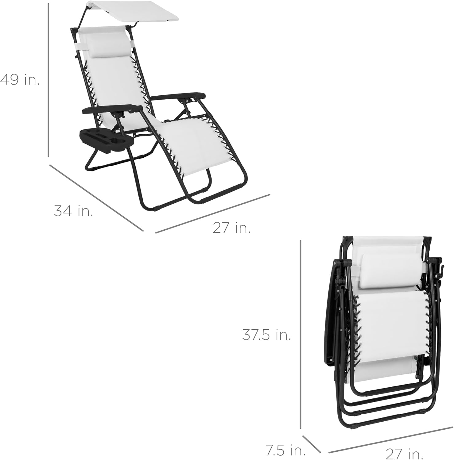 Best Choice Products Folding Zero Gravity Outdoor Recliner Patio Lounge Chair w/Adjustable Canopy Shade, Headrest, Side Accessory Tray, Textilene Mesh - Snow/Black