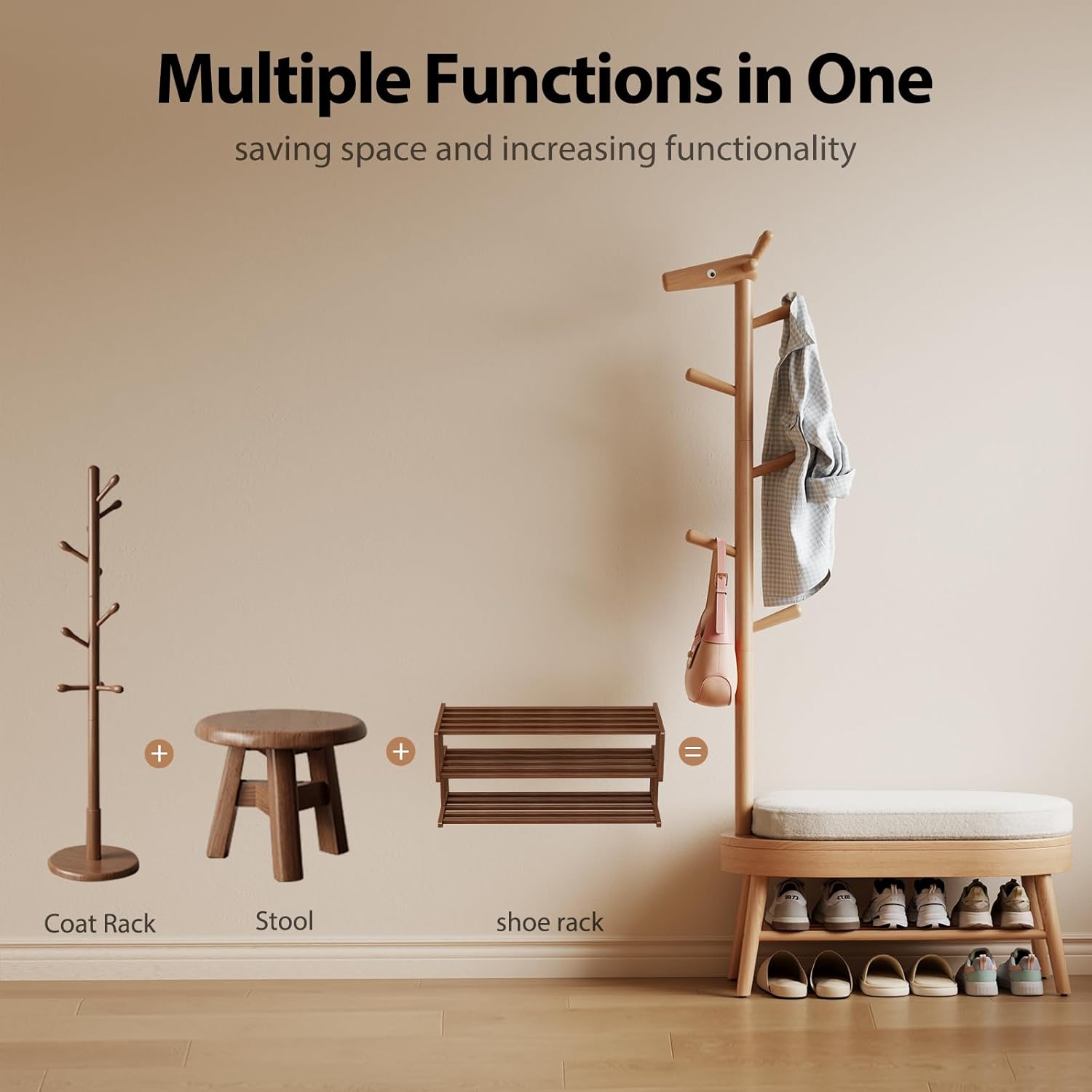 AQIMUELE Entryway Shoe Rack with Coat Rack, Wooden Shoe Bench with Upholstered Cushion, 3-in-1, 2-Tier Shoe Storage and Cute Animal Hooks for Entryway, Hallway, Closet (Natural 32.2")